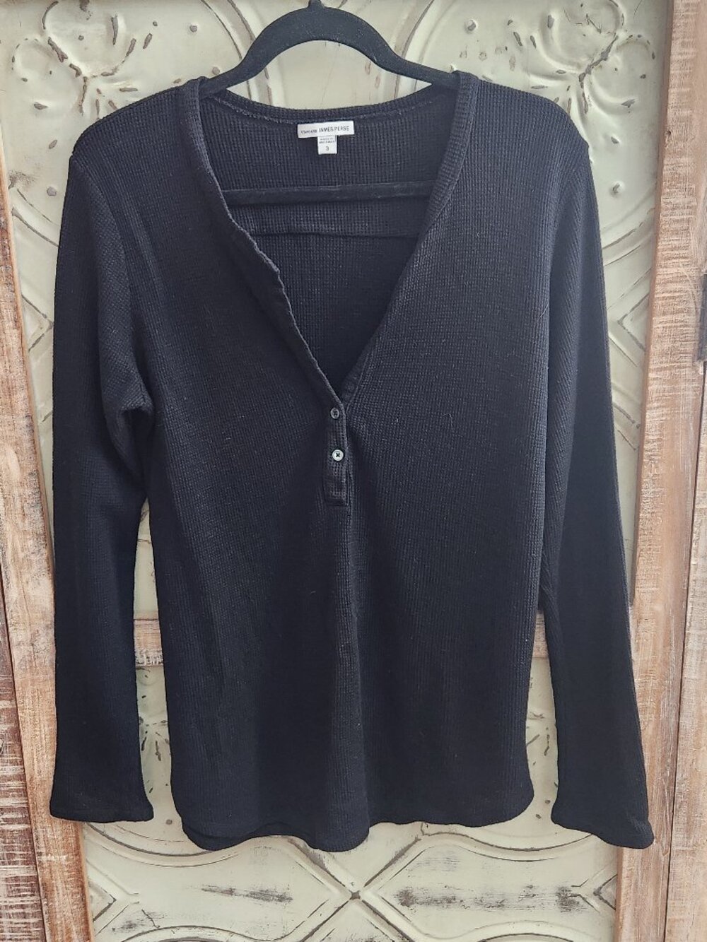 Standard James Perse Waffle Knit Long-sleeve Henley Top | Black, Size 3 Large